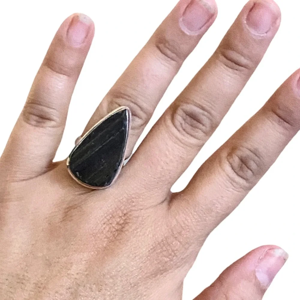 Black Tormultine Stone Ring,‎ 925 Sterling Silver Setting, Size 7.25, New